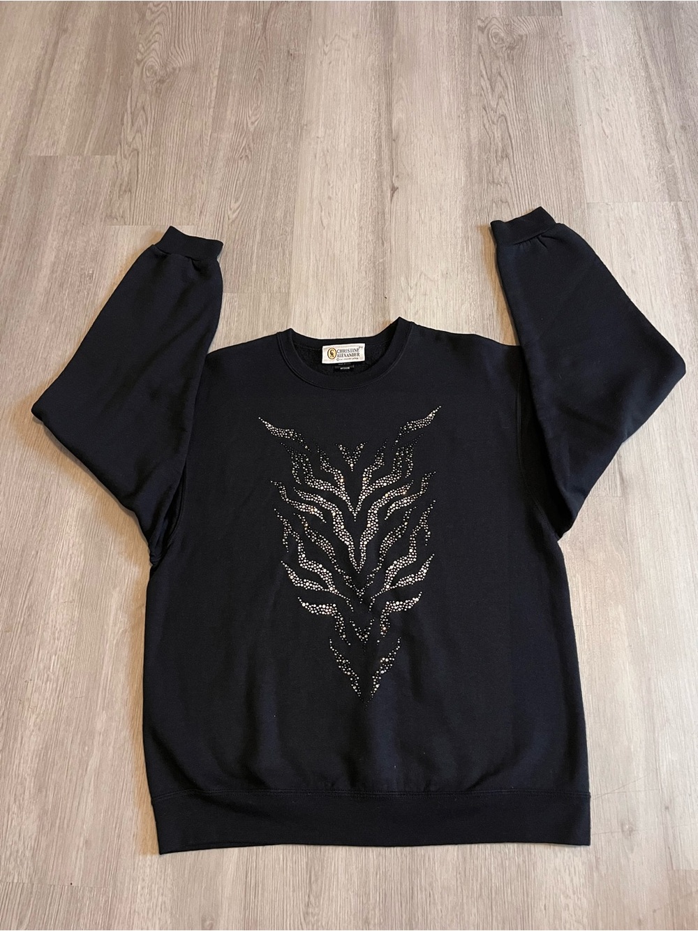 Men's Black Crewneck Sweater with Studded Flame Motif